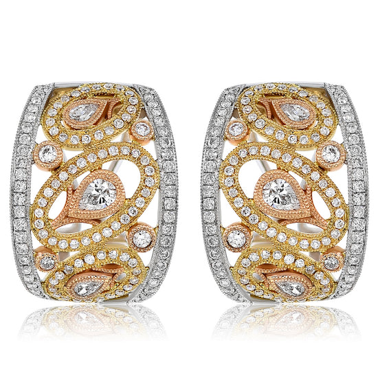 Monary Earrings featuring .97 carats of diamonds, .50 carats of pear diamonds, set in 18K Rose, Yellow and White Gold