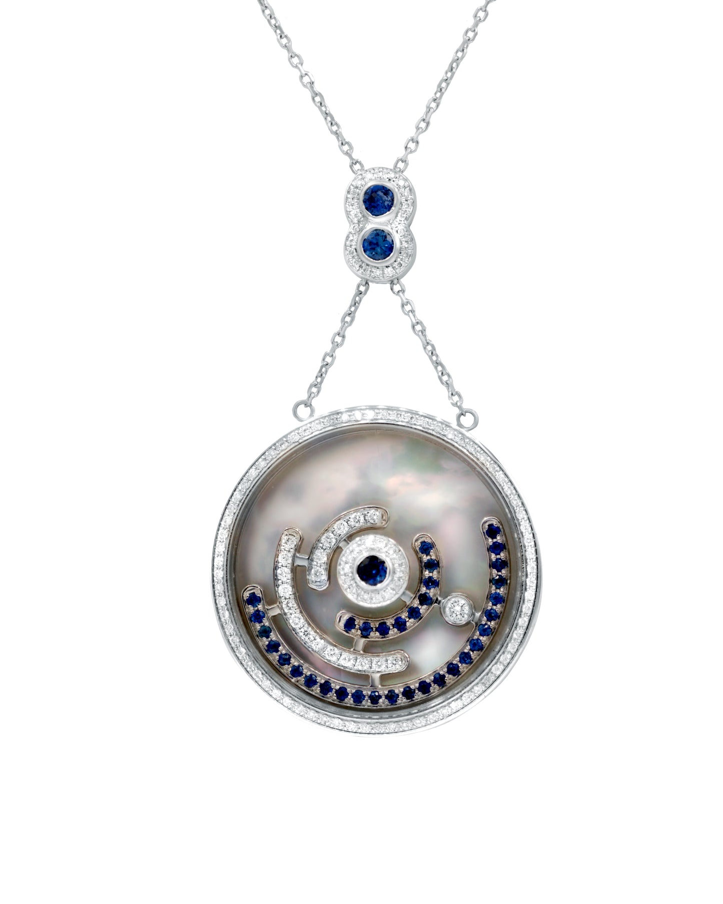 Monary Necklace featuring 0.55 carats of Diamonds, 0.72 carats of sapphires set in 18 K White Gold with 179 Stones