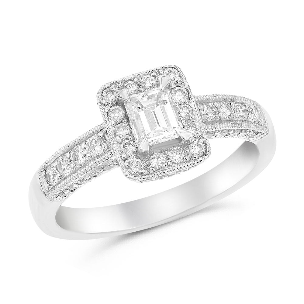 Monary Ring featuring 0.38 carats of emerald cut diamonds, 0.68 carats of round diamonds set in18K White Gold