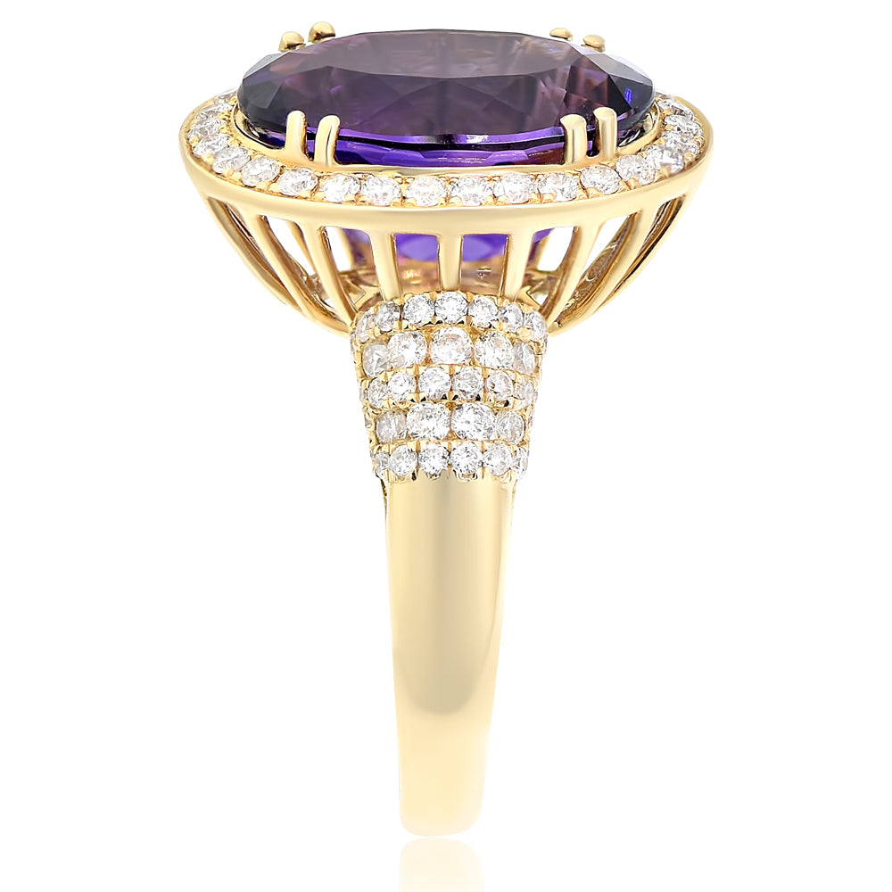 Monary Ring featuring 0.90 carats of diamond, 5.69 carats of amethyst set in 14K Yellow Gold with 109 Stones