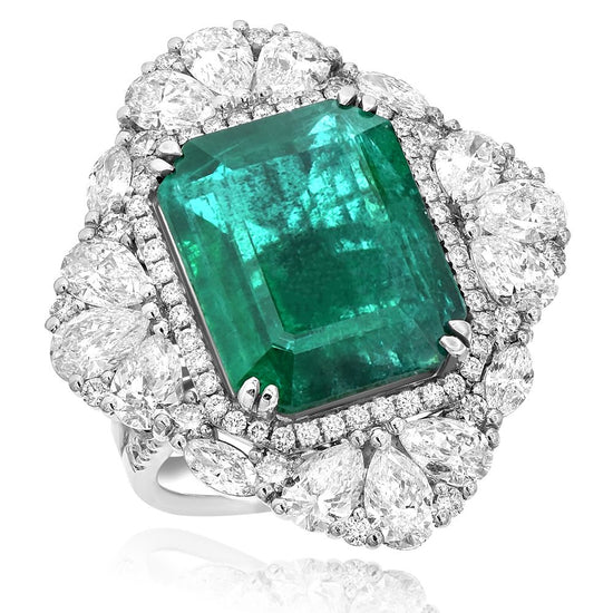 Monary Ring featuring 1.20 Carats of diamonds, 3.84 carats of pear diamonds, 0.44 carats of MQ Diamonds, 16.03 carats of emeralds set in 18K White Gold