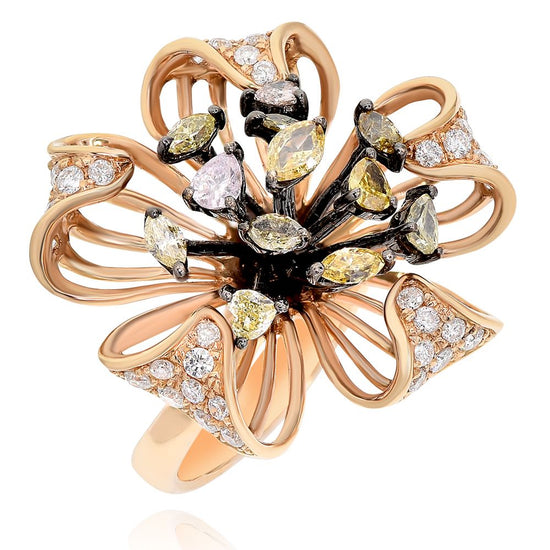 Monary Ring featuring 0.75 carats of diamonds, 1.04 carats of fancy yellow diamonds, set in 18K Rose Gold with 49 Stones